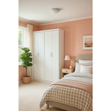 4 Door White Wardrobe Cabinet – Hanging Rail, Shelves & White Handles - Front View