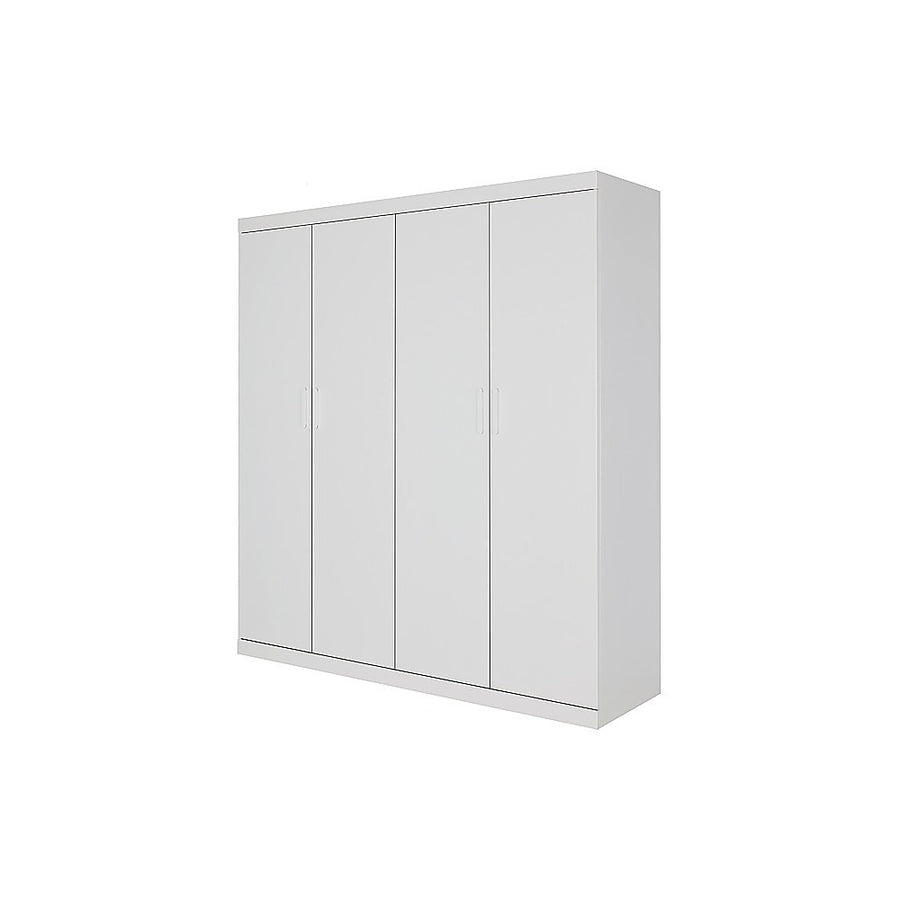 4 Door White Wardrobe Cabinet – Hanging Rail, Shelves & White Handles