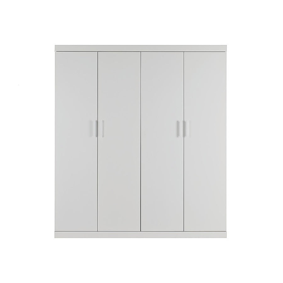 4 Door White Wardrobe Cabinet – Hanging Rail, Shelves & White Handles
