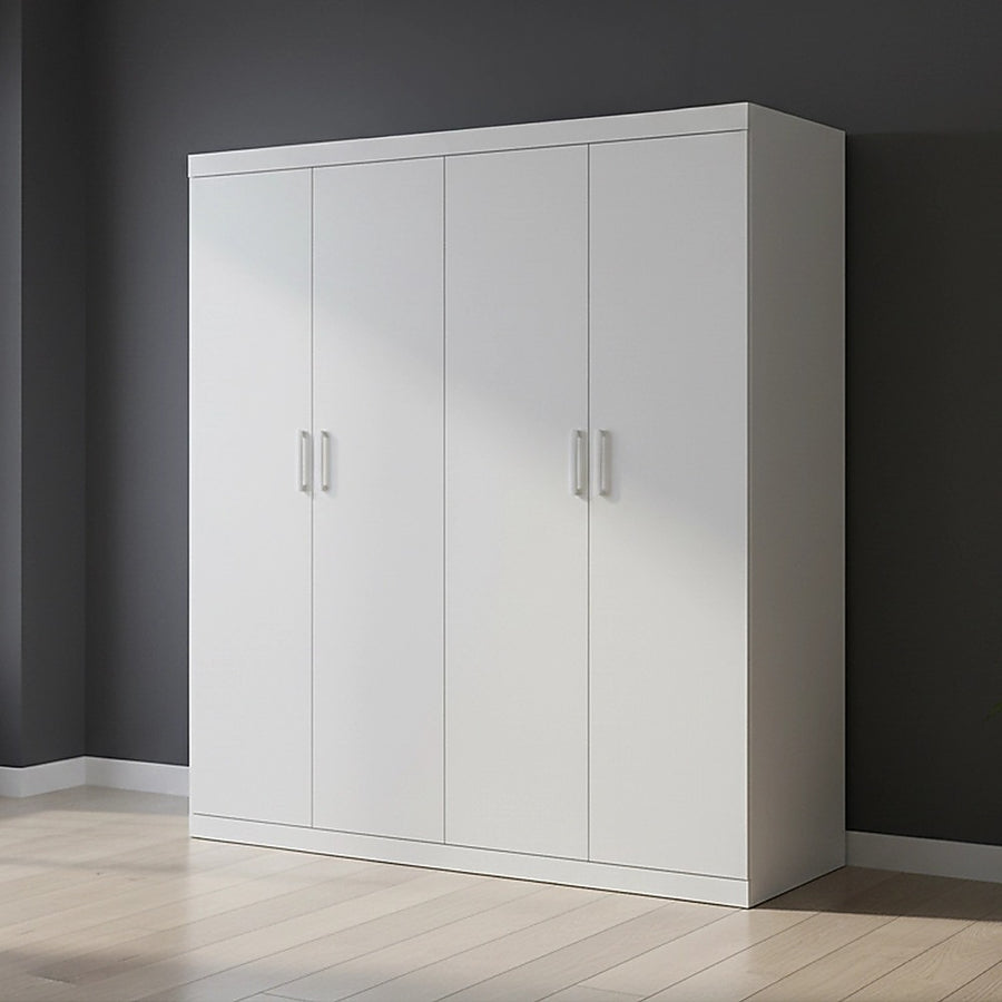 4 Door White Wardrobe Cabinet – Hanging Rail, Shelves & White Handles