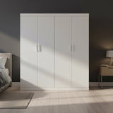 4 Door White Wardrobe Cabinet – Hanging Rail, Shelves & White Handles - Side View