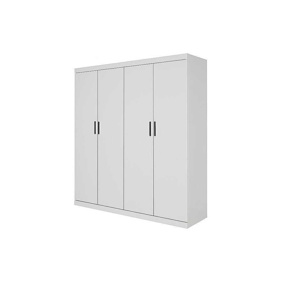4 Door White Wardrobe Cabinet – Hanging Rail, Shelves & Black Handles
