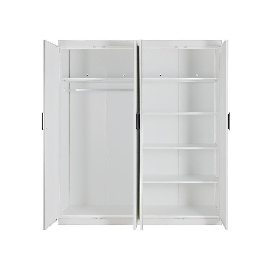 4 Door White Wardrobe Cabinet – Hanging Rail, Shelves & Black Handles