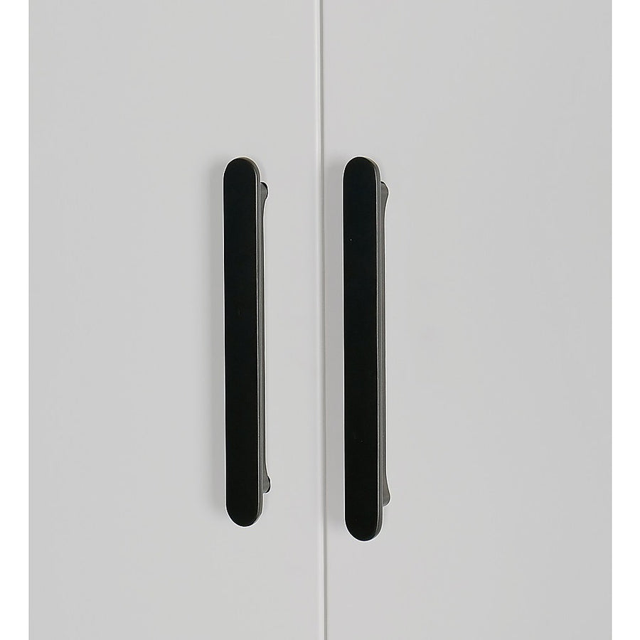 4 Door White Wardrobe Cabinet – Hanging Rail, Shelves & Black Handles