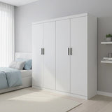 4 Door White Wardrobe Cabinet – Hanging Rail, Shelves & Black Handles - Front View