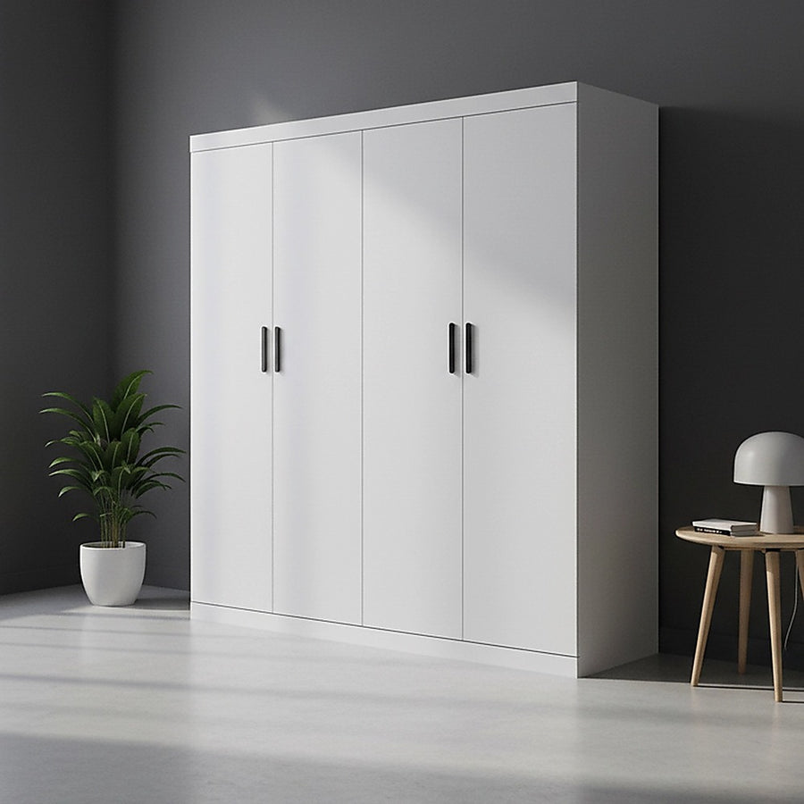 4 Door White Wardrobe Cabinet – Hanging Rail, Shelves & Black Handles