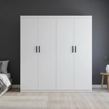 4 Door White Wardrobe Cabinet – Hanging Rail, Shelves & Black Handles - Side View