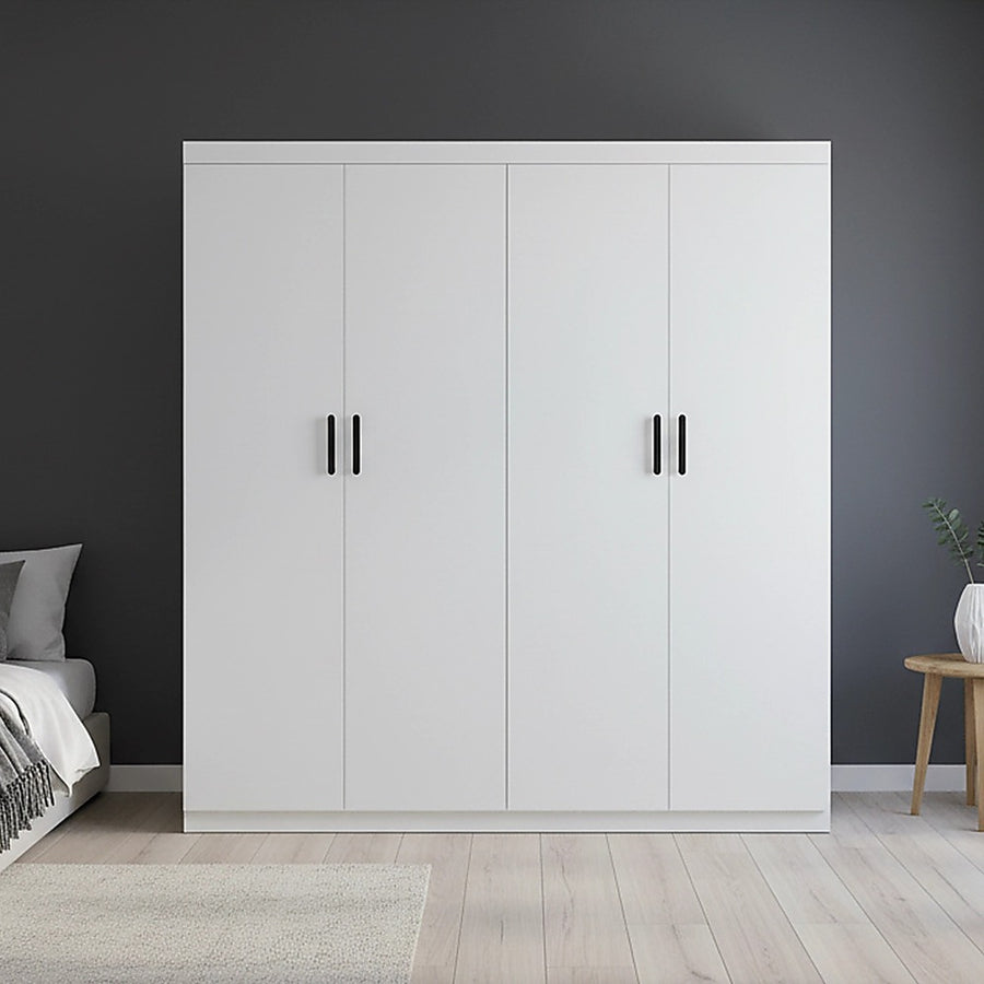 4 Door White Wardrobe Cabinet – Hanging Rail, Shelves & Black Handles