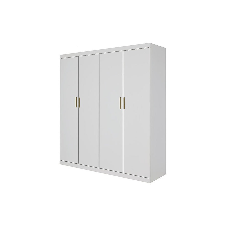 4 Door White Wardrobe Cabinet – Hanging Rail, Shelves & Gold Handles