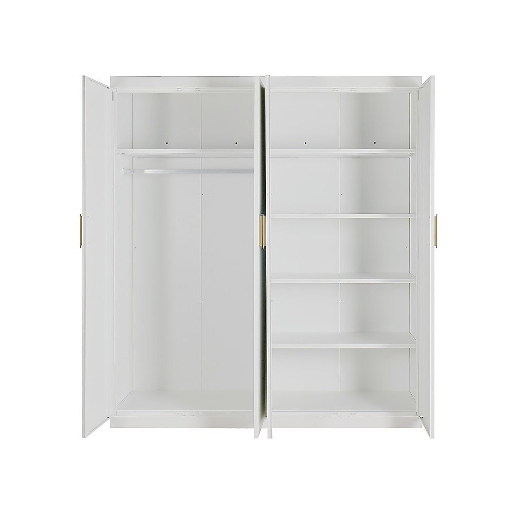 4 Door White Wardrobe Cabinet – Hanging Rail, Shelves & Gold Handles