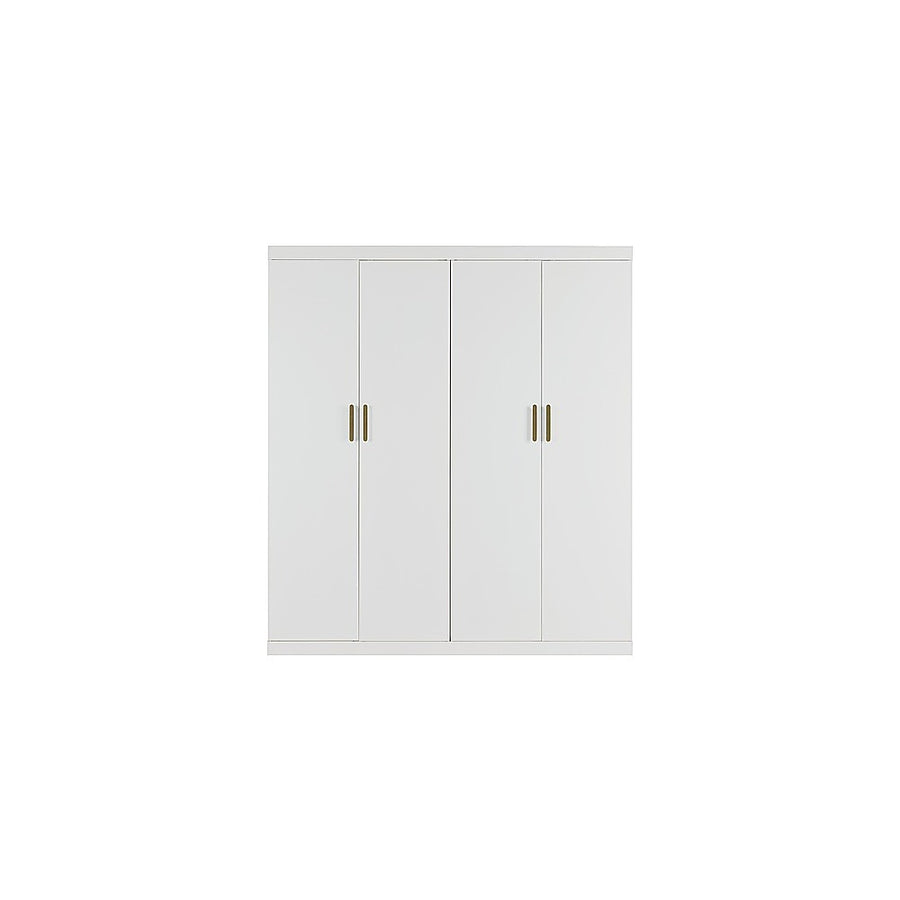 4 Door White Wardrobe Cabinet – Hanging Rail, Shelves & Gold Handles