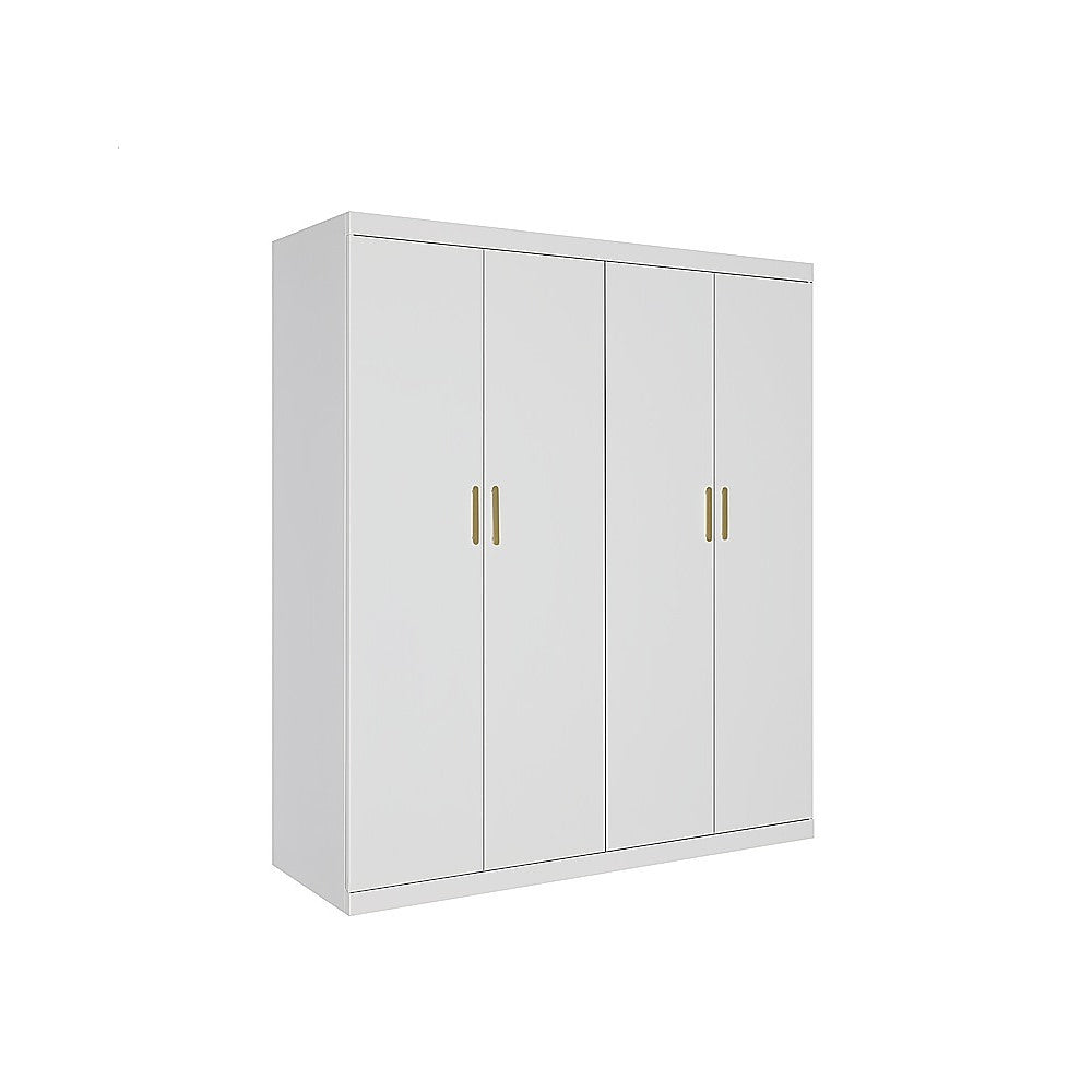 4 Door White Wardrobe Cabinet – Hanging Rail, Shelves & Gold Handles