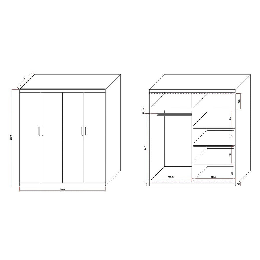 4 Door White Wardrobe Cabinet – Hanging Rail, Shelves & Gold Handles