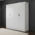 4 Door White Wardrobe Cabinet – Hanging Rail, Shelves & Gold Handles