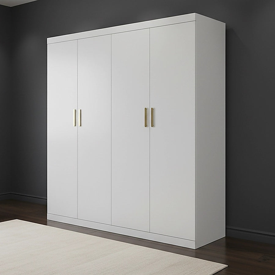4 Door White Wardrobe Cabinet – Hanging Rail, Shelves & Gold Handles