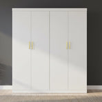 4 Door White Wardrobe Cabinet – Hanging Rail, Shelves & Gold Handles