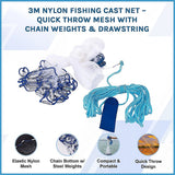 3m Nylon Fishing Cast Net – Quick Throw Mesh with Chain Weights & Drawstring - Side View