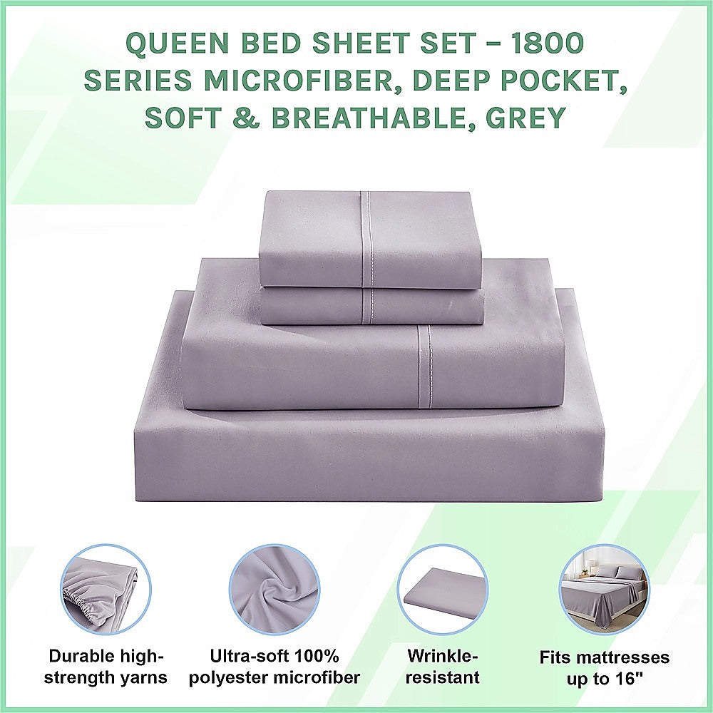 Queen Bed Sheet Set – 1800 Series Microfiber, Deep Pocket, Soft & Breathable, Grey