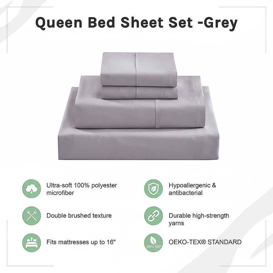 Queen Bed Sheet Set – 1800 Series Microfiber, Deep Pocket, Soft & Breathable, Grey