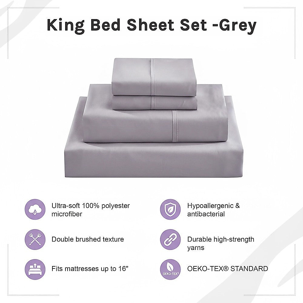 King Bed Sheet Set – 1800 Series Microfiber, Deep Pocket, Soft & Breathable, Grey