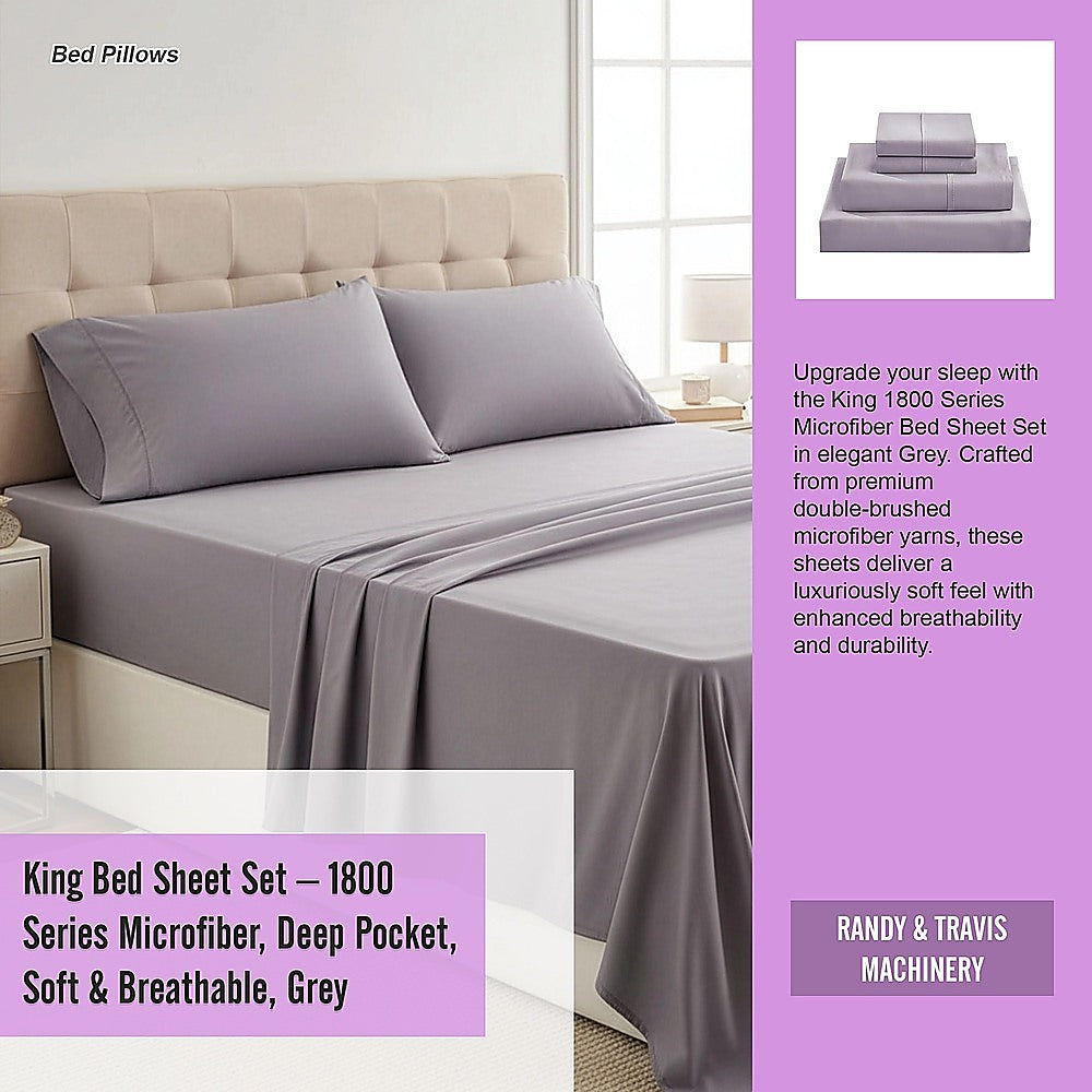 King Bed Sheet Set – 1800 Series Microfiber, Deep Pocket, Soft & Breathable, Grey