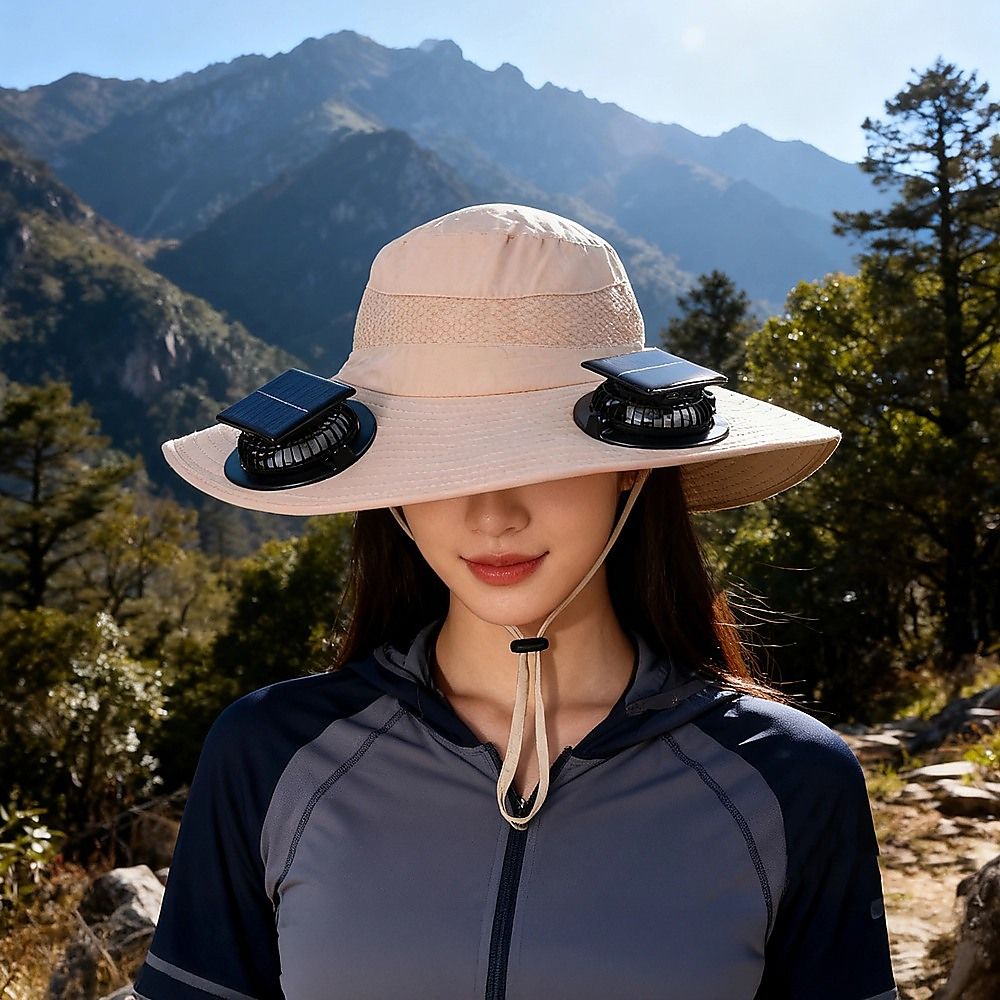 Solar & USB Powered Cooling Hat with Dual Fan – Khaki Outdoor Sun Hat