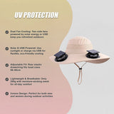 Solar & USB Powered Cooling Hat with Dual Fan – Khaki Outdoor Sun Hat - 45-Degree Angle