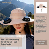 Solar & USB Powered Cooling Hat with Dual Fan – Khaki Outdoor Sun Hat - Close-Up Angle