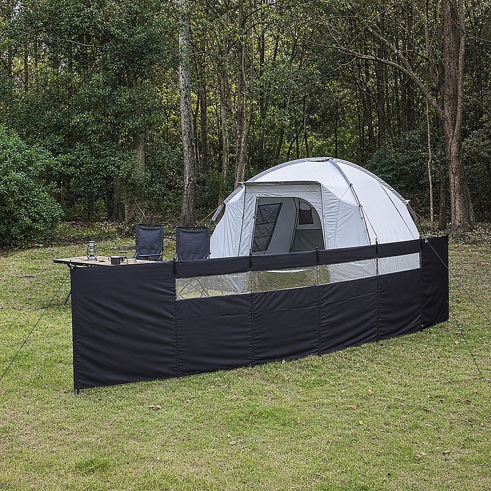 Camping Windbreak with Clear Windows & Carry Bag 725x140cm Black Outdoor Privacy Shelter