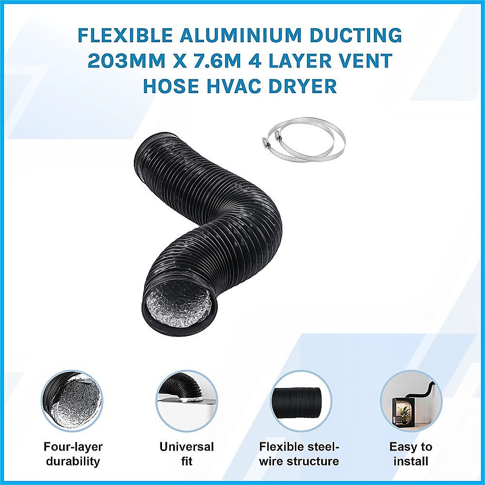 Flexible Aluminium Ducting 203mm x 7.6m 4 Layer Vent Hose HVAC Dryer