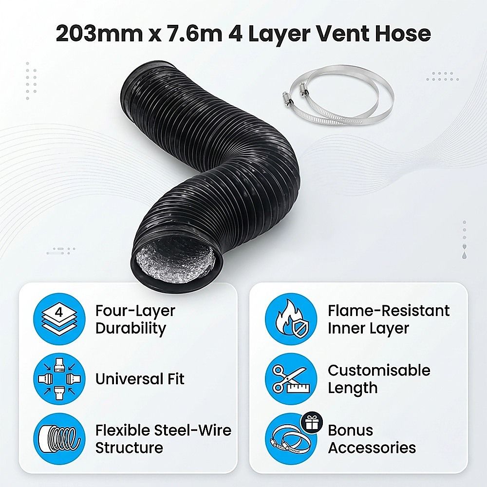 Flexible Aluminium Ducting 203mm x 7.6m 4 Layer Vent Hose HVAC Dryer