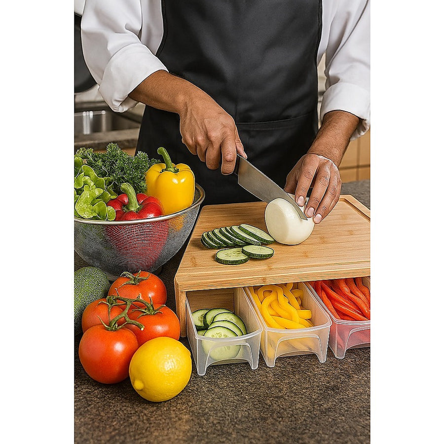 Bamboo Cutting Board Set with Graters and Containers Food Prep Station for Kitchen Organisation