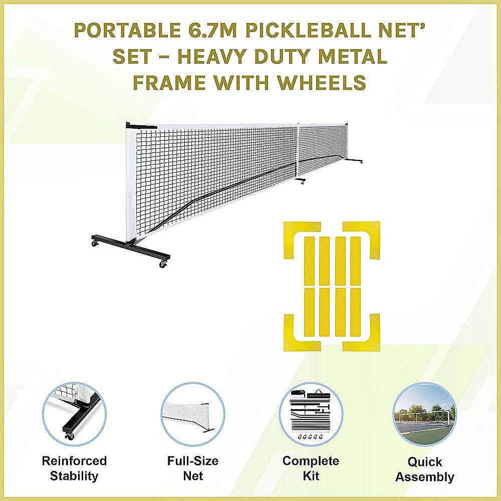 Portable 6.7m Pickleball Net Set – Heavy Duty Metal Frame with Wheels