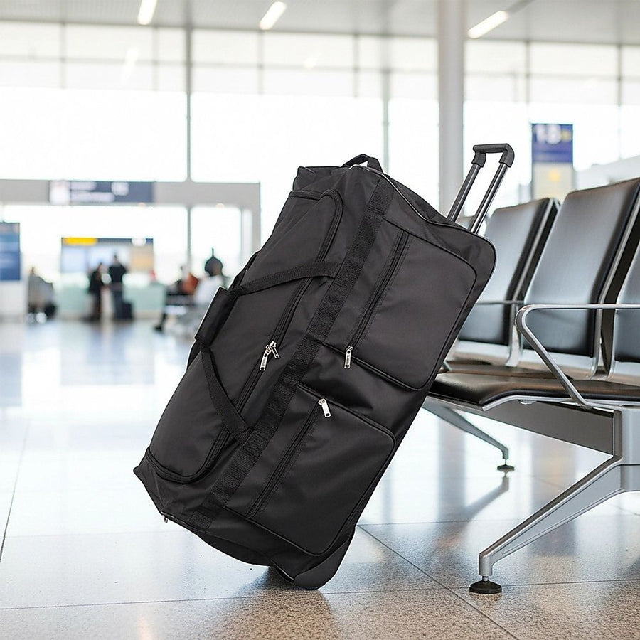 Large Black Wheeled Travel Duffle Bag Rolling Luggage Trolley for Sports and Getaways