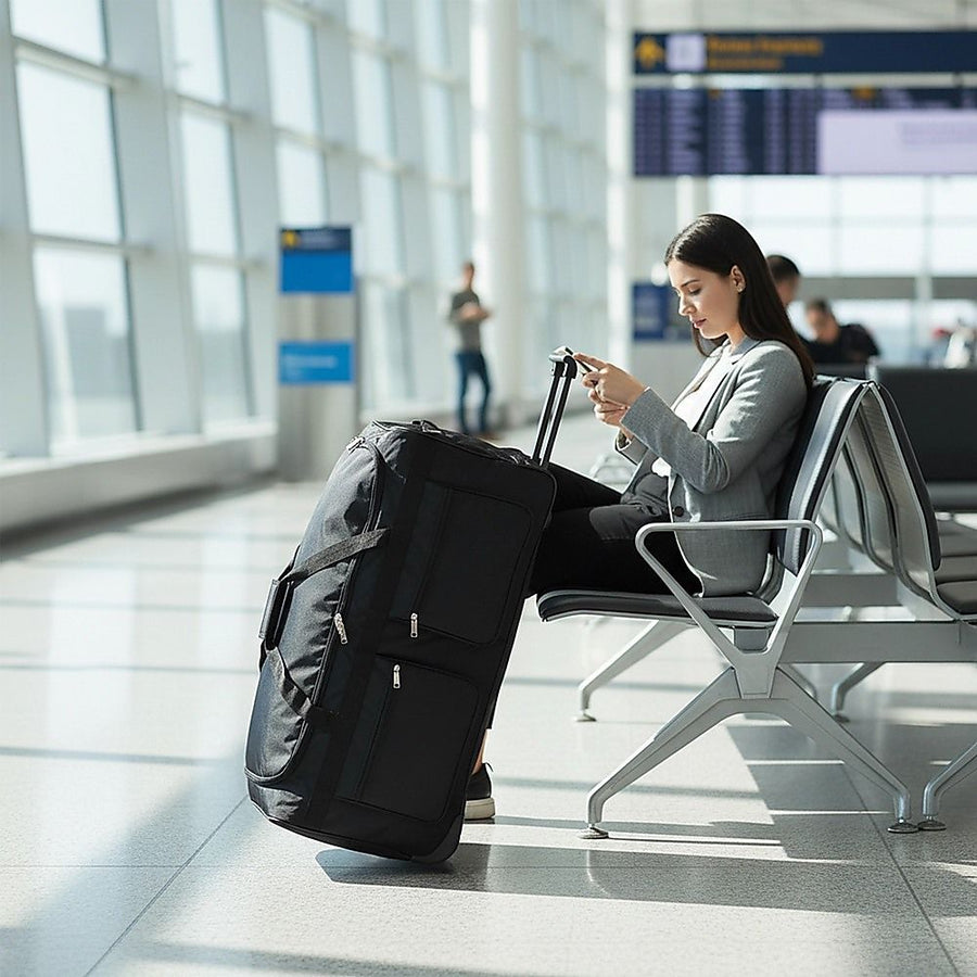 Large Black Wheeled Travel Duffle Bag Rolling Luggage Trolley for Sports and Getaways