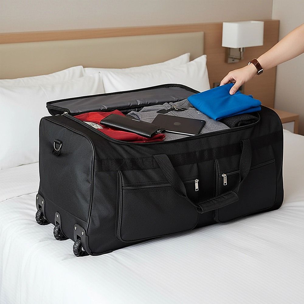 Large Black Wheeled Travel Duffle Bag Rolling Luggage Trolley for Sports and Getaways