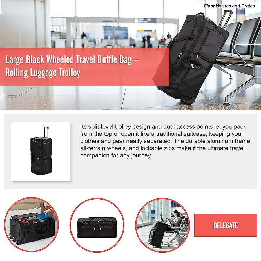 Large Black Wheeled Travel Duffle Bag Rolling Luggage Trolley for Sports and Getaways