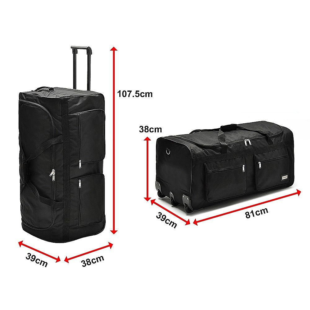 Large Black Wheeled Travel Duffle Bag Rolling Luggage Trolley for Sports and Getaways