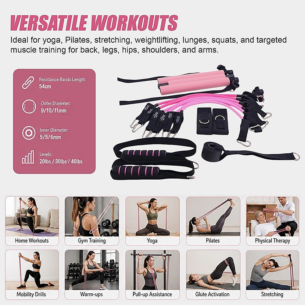 14pc Pilates Bar Kit with Resistance Bands & Belt – Home Fitness Pedal Puller