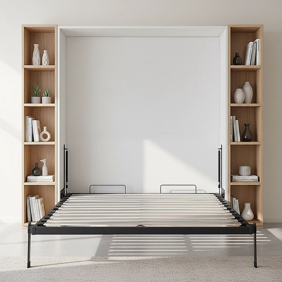 Double Wall Bed in White Gloss – Space Saving Murphy Bed Kit with Black Door Handle