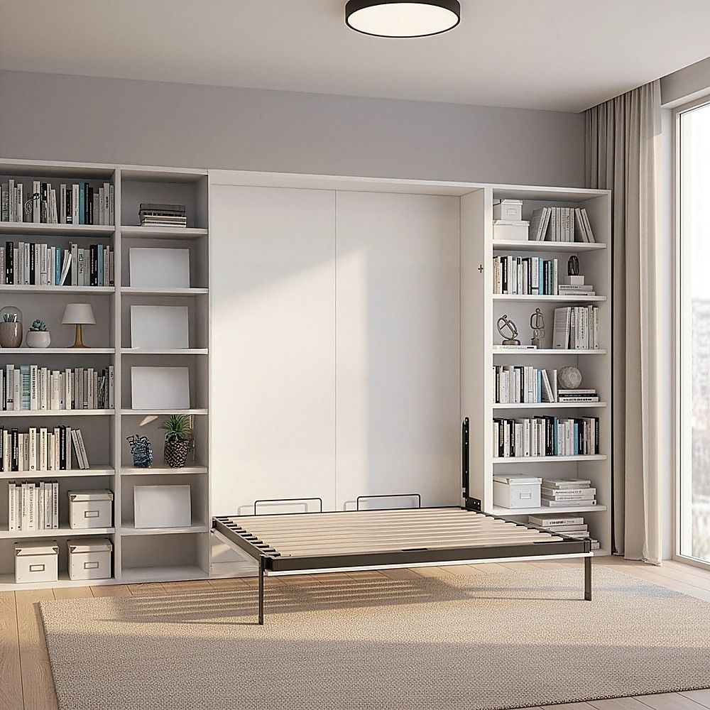 Double Wall Bed in White Gloss – Space Saving Murphy Bed Kit with Black Door Handle