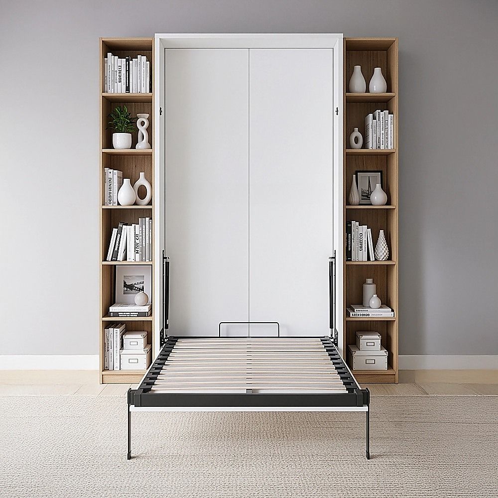 Single Wall Bed in White – Space Saving Murphy Bed Kit with Gold Door Handle