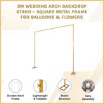 3m Wedding Arch Backdrop Stand – Square Metal Frame for Balloons & Flowers
