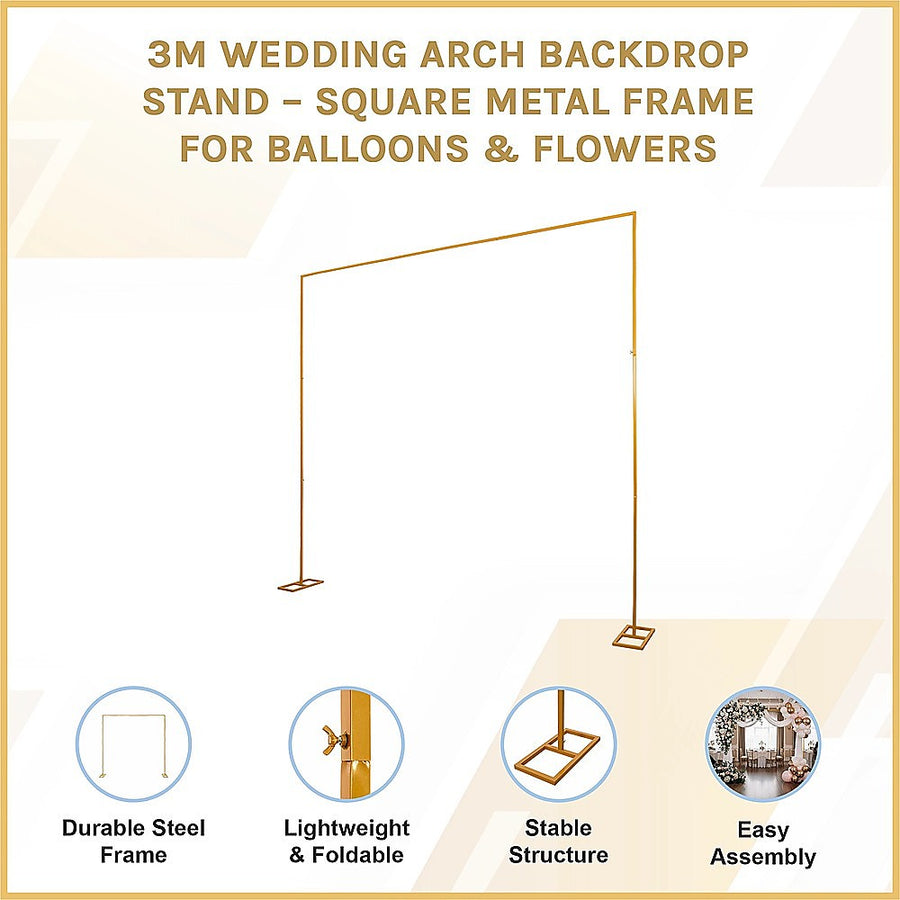 3m Wedding Arch Backdrop Stand – Square Metal Frame for Balloons & Flowers