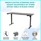 160cm Electric Standing Desk – Height Adjustable Sit Stand Office Table in Black - Close-Up Angle