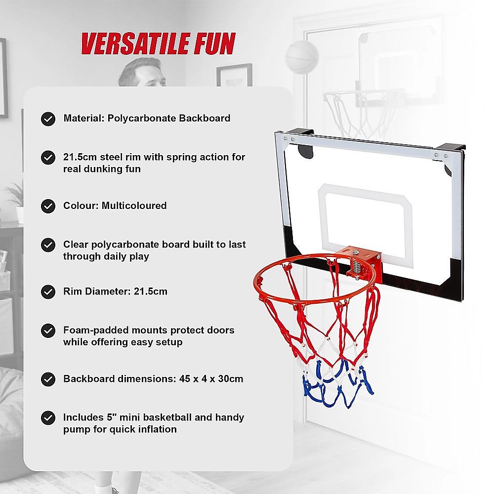 Indoor Mini Basketball Hoop Set – Door Mounted Backboard Kit with Ring & Ball