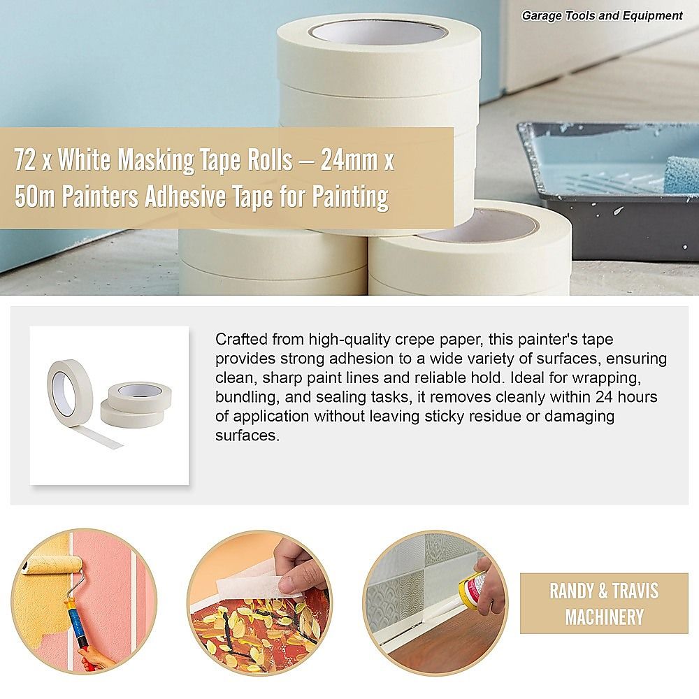72 x White Masking Tape Rolls – 24mm x 50m Painters Adhesive Tape for Painting