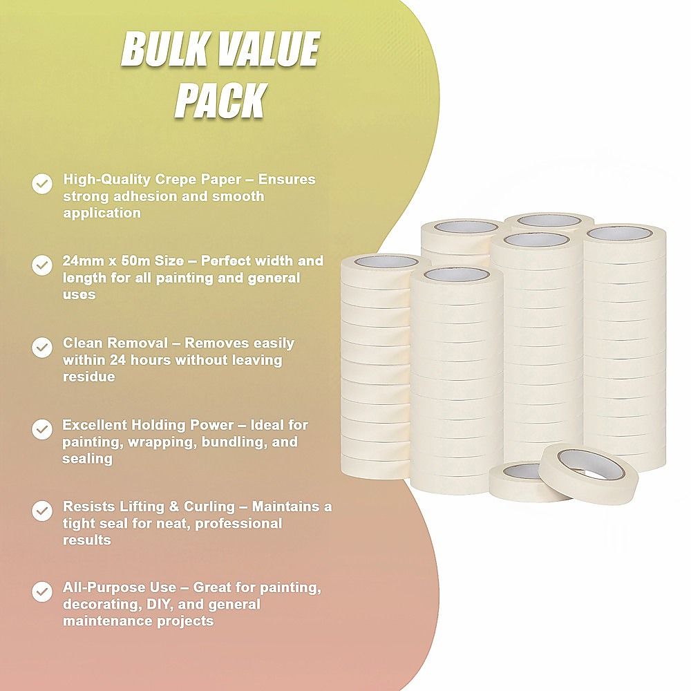 72 x White Masking Tape Rolls – 24mm x 50m Painters Adhesive Tape for Painting