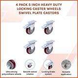 4 Pack 5 Inch Heavy Duty Locking Caster Wheels Swivel Plate Castors