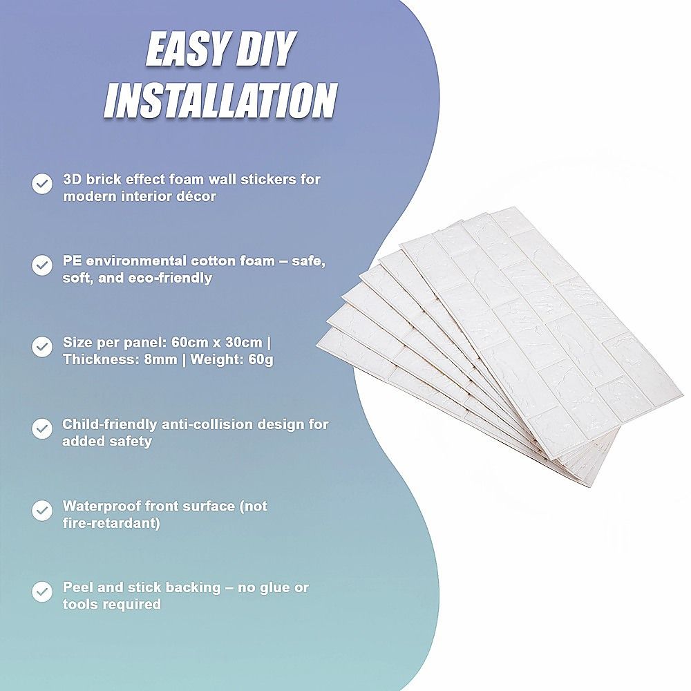 3D Brick Wall Tile Stickers 60x30cm – 50 Pack Peel & Stick Wallpaper